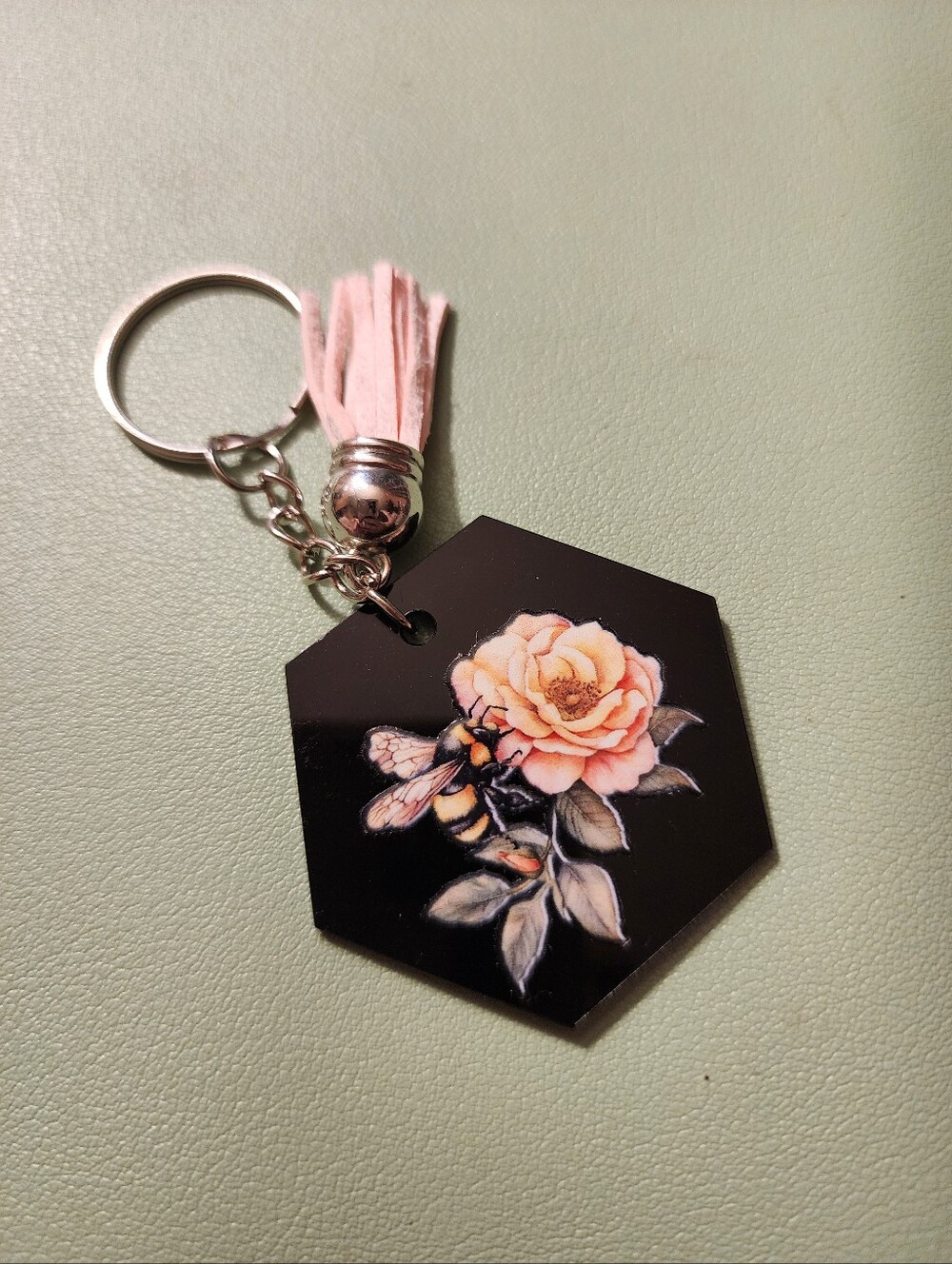 Hexagon Floral Bee Keychain with Pink Tassel